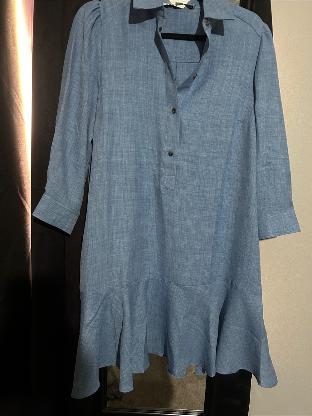 Emma & Michele Light Blue Linen-Blend Ruffle Hem Dress